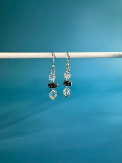 925 Sterling Silver Rainbow Moonstone, Black Tourmaline, Herkimer Diamond Dangle Earrings