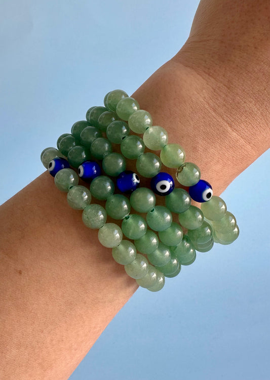 8mm Green Jade with Evil Eye Bracelet