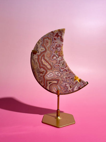 Pink Crazy Lace Agate Crescent Moon Carving – Option A | Joy, Balance & Gentle Energy