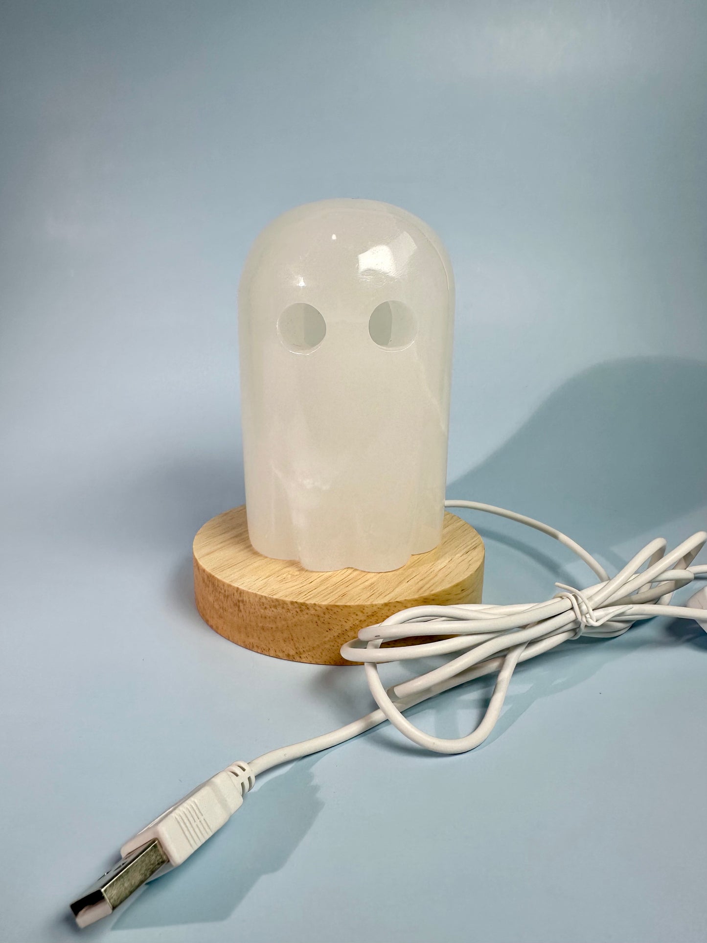 Hand-Carved Onyx Ghost Carving with Wooden Lamp Base – LED Color-Changing Light
