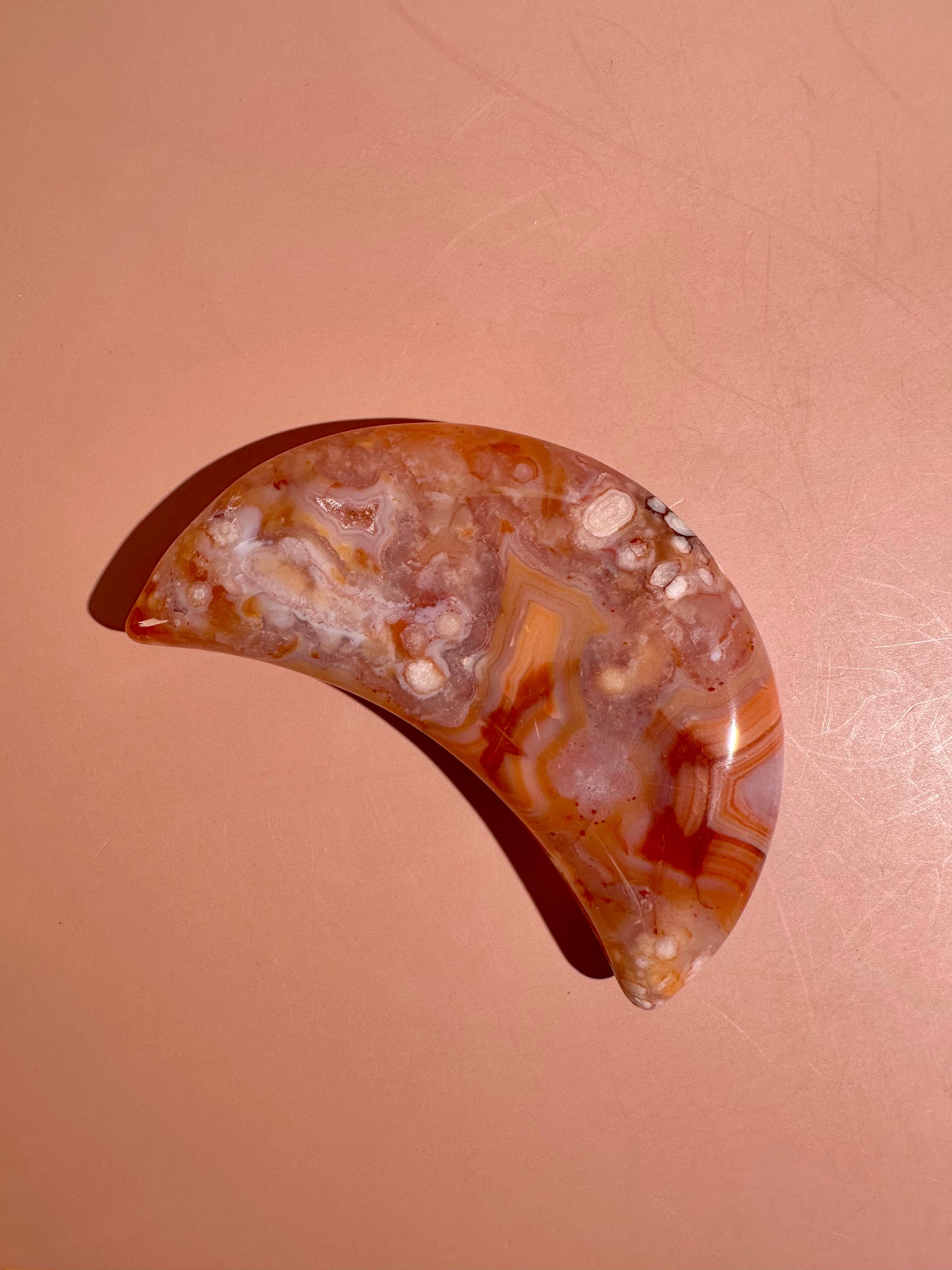 Carnelian Agate Crescent Moon on Black Stand – Option D | Empowerment, Passion & New Beginnings