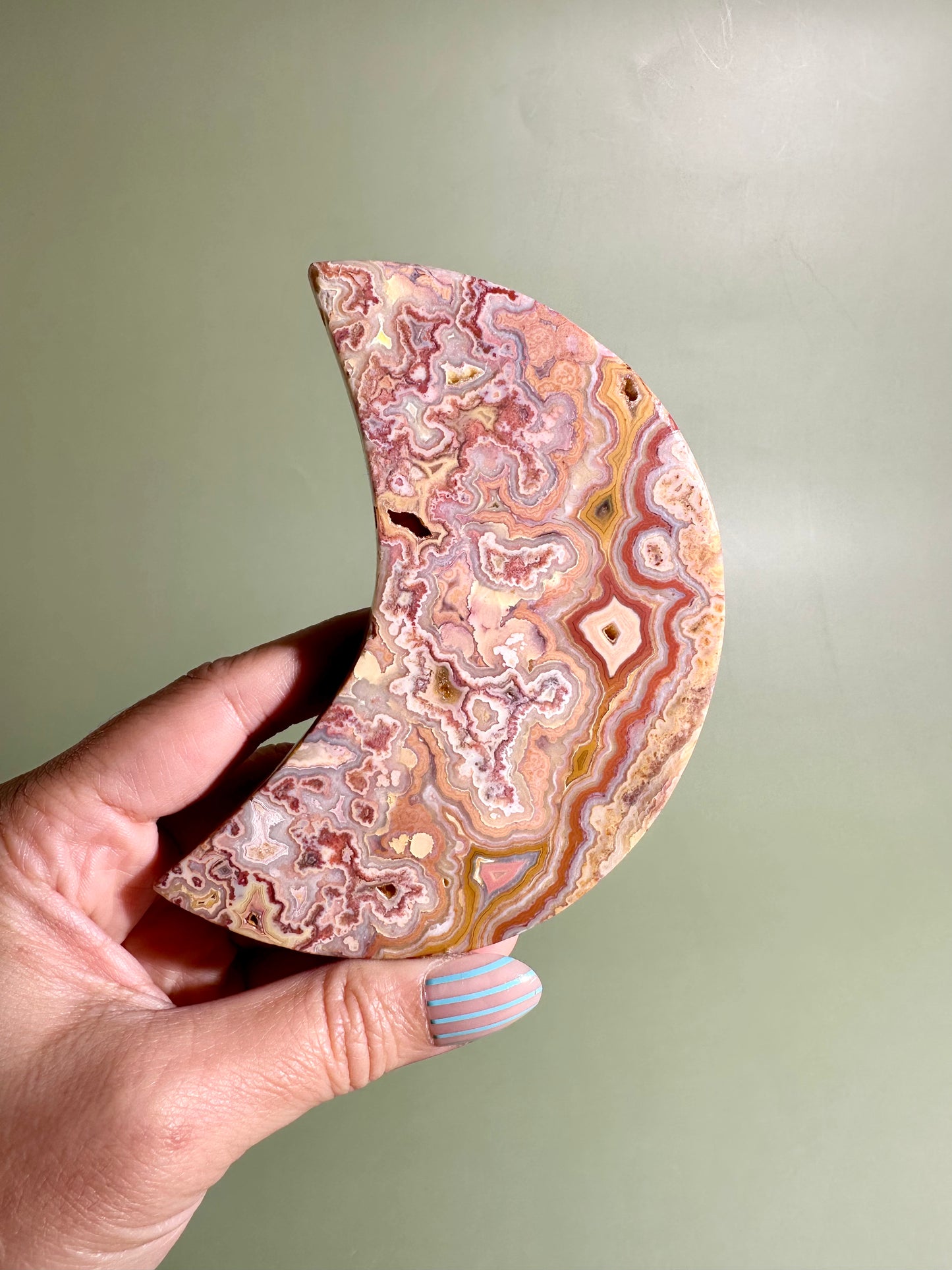 Pink Crazy Lace Agate Crescent Moon Carving – Option D | Joy, Emotional Balance & Lunar Energy