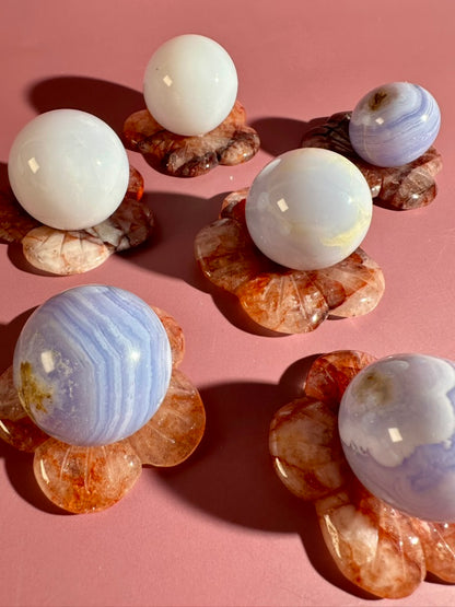Intuitively Chosen Fire Quartz Flower Sphere Holder | Hematoid Quartz Crystal Display Stand
