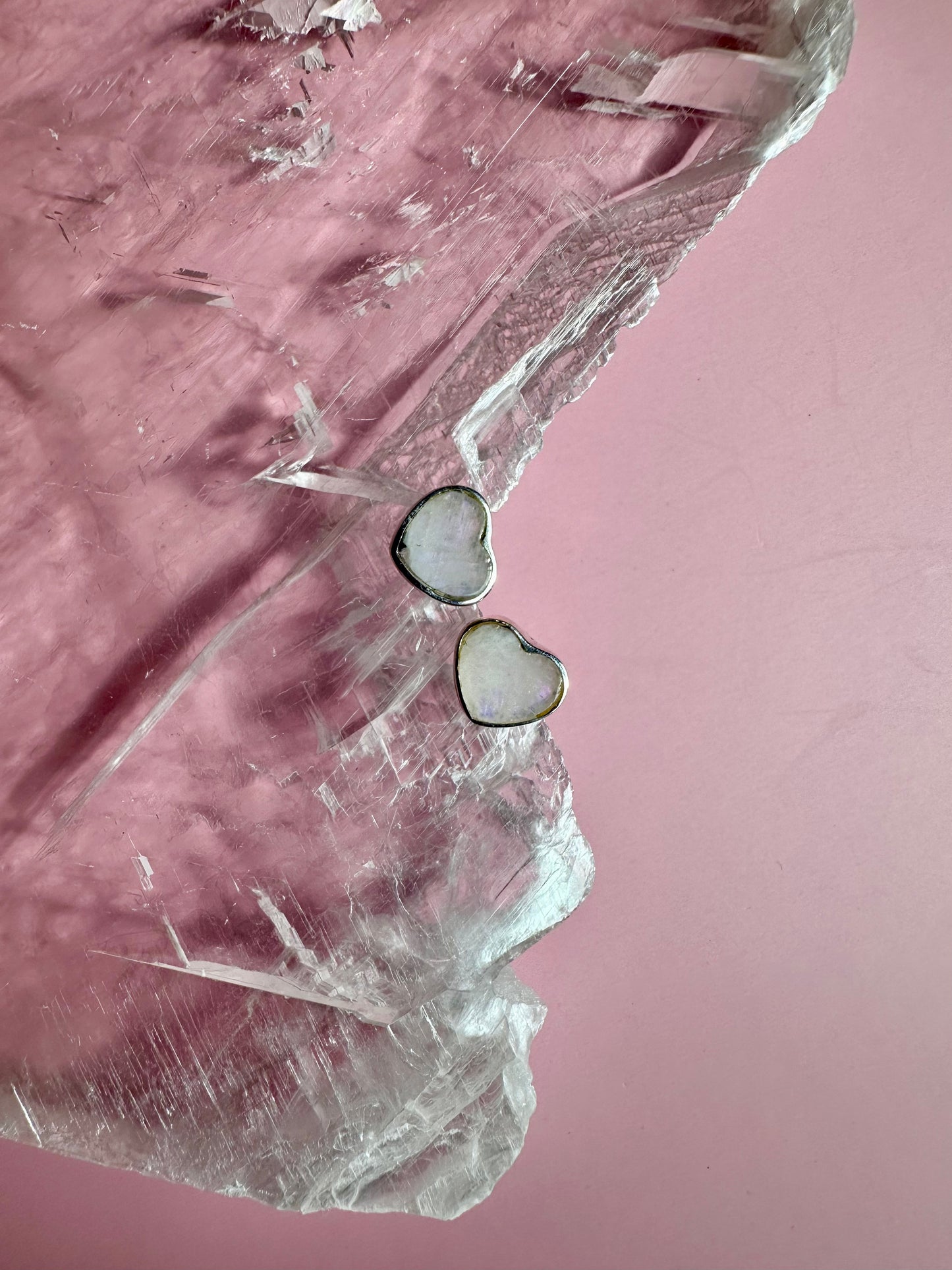 925 Sterling Silver Heart Rainbow Moonstone Stud Earrings