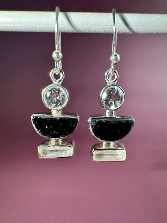 925 Sterling Silver White Topaz and Black Tourmaline Dangle Earrings