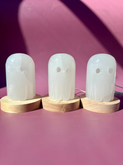 Hand-Carved Onyx Ghost Carving with Wooden Lamp Base – LED Color-Changing Light