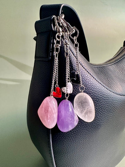 Amethyst Tumble Keychain with Enamel Heart Charm