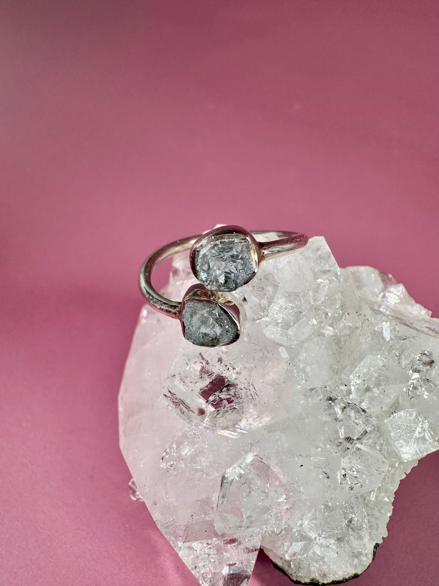 925 Sterling Silver Rough Aquamarine Bezel Two-Stone Adjustable Ring