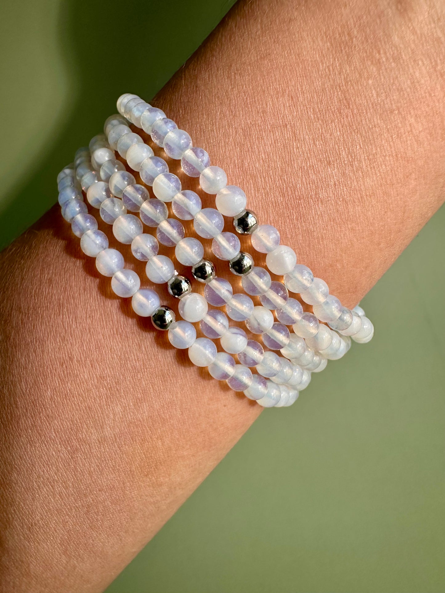 4mm Opalite with Silver Accent Bead Beaded Bracelet
