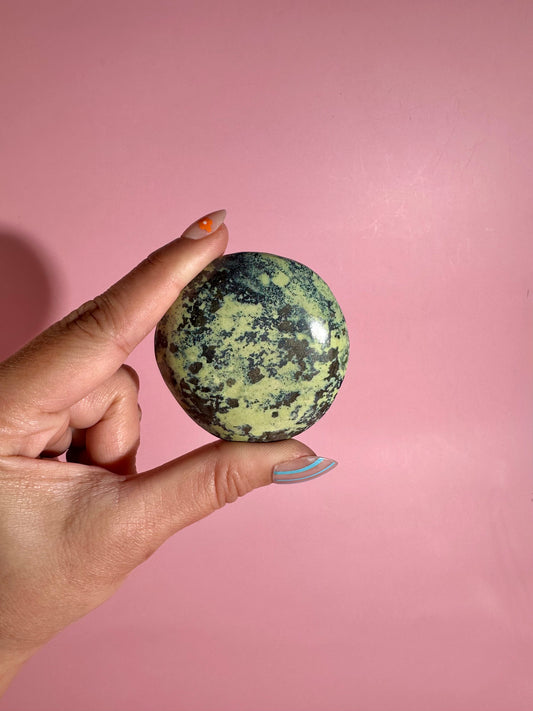Peruvian Serpentine with Pyrite Round Palm Stone
