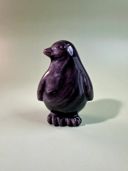 Silver Sheen Obsidian Penguin Carving