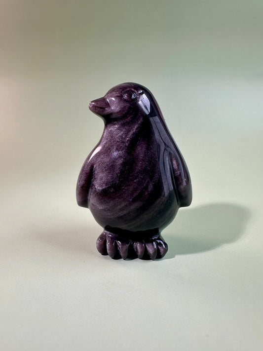 Silver Sheen Obsidian Penguin Carving