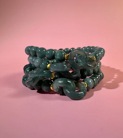 6mm Blue Water Jade Beaded Bracelet with Gold Accent Beads & Double Ring