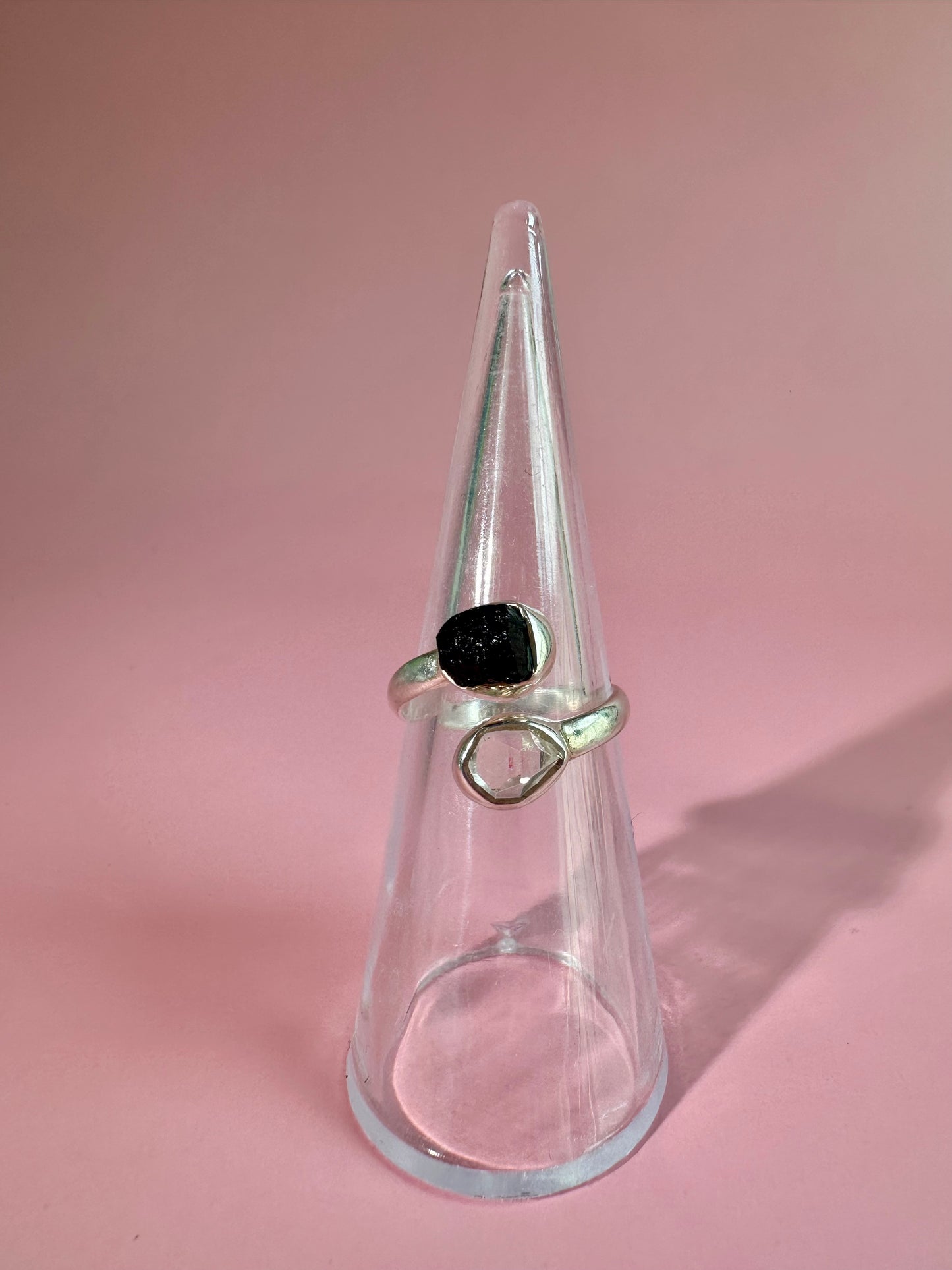 925 Sterling Silver Alma Toi et Moi Two-Stone Adjustable Rough Black Tourmaline & Herkimer Diamond Bezel Ring