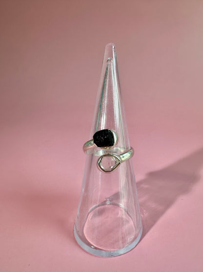 925 Sterling Silver Alma Toi et Moi Two-Stone Adjustable Rough Black Tourmaline & Herkimer Diamond Bezel Ring