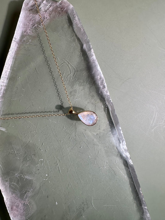 925 Sterling Silver 18K Yellow Gold Vermeil Faceted Rainbow Moonstone Pear Bezel Necklace