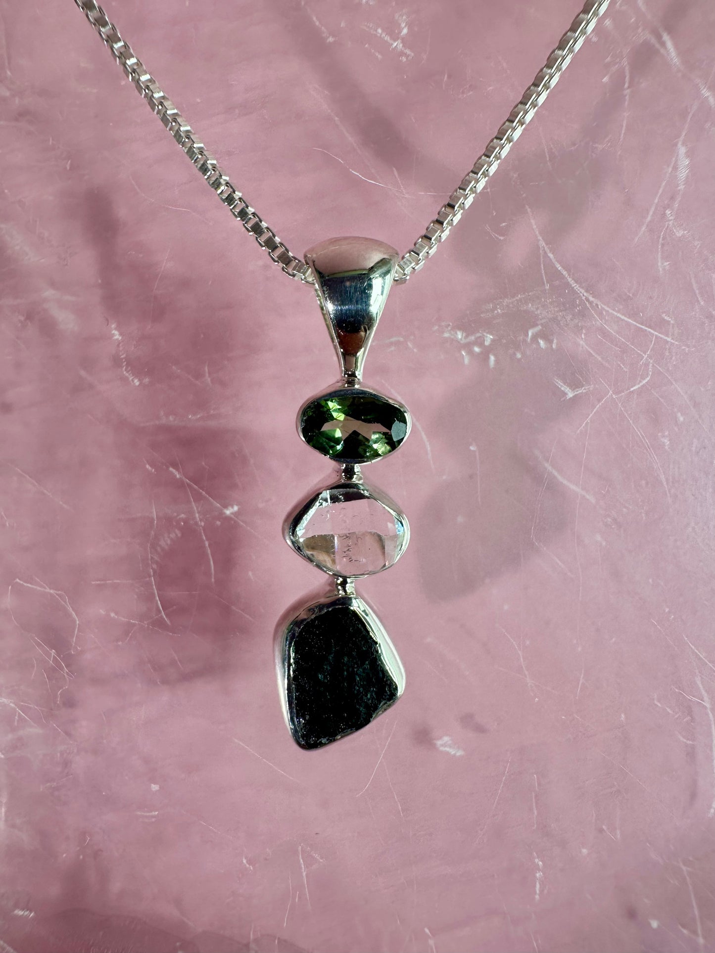 925 Sterling Silver Rough Black Tourmaline, Herkimer Diamond & Faceted Peridot Three-Stone Bezel Necklace