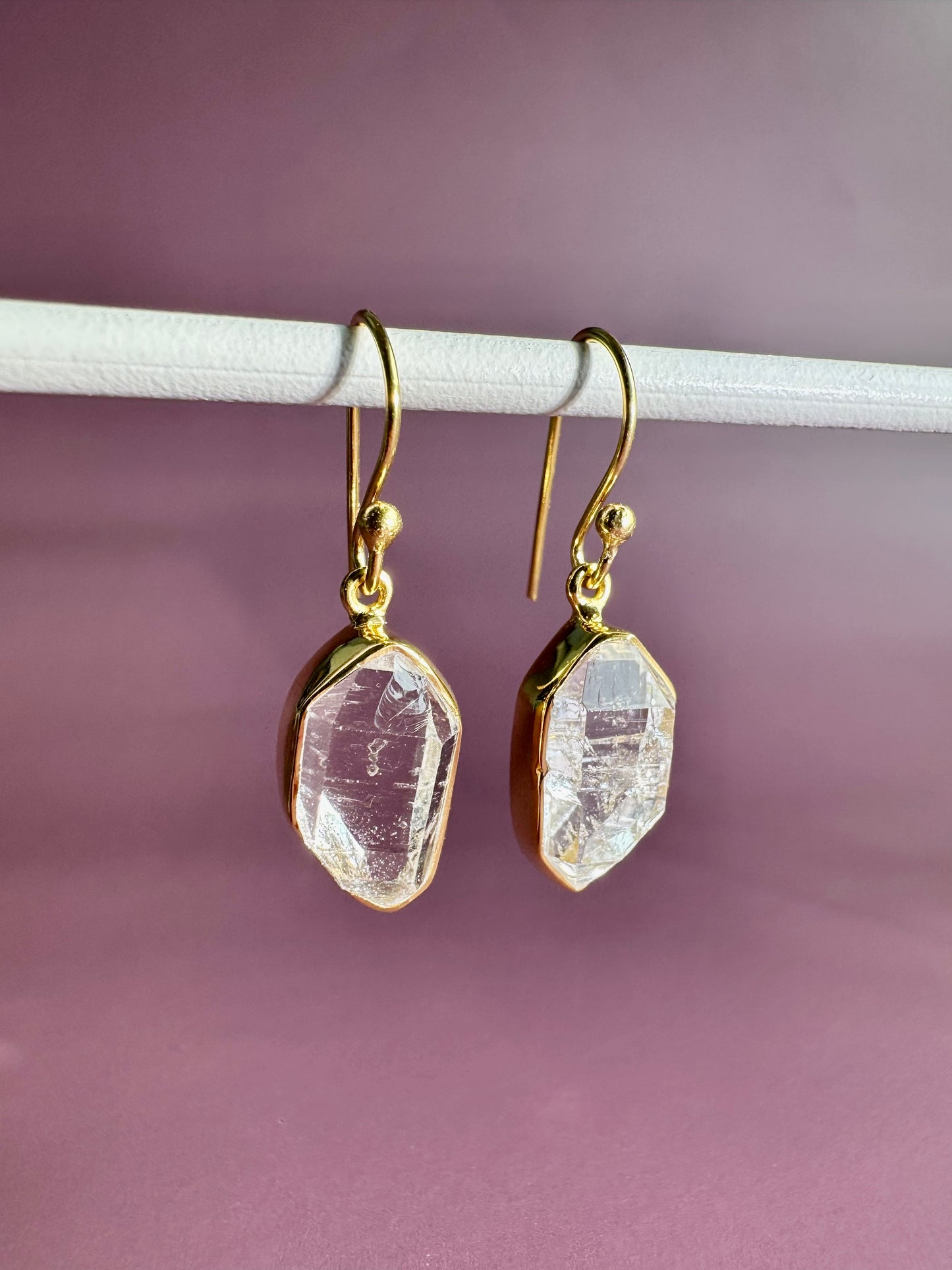 925 Sterling Silver Yellow Gold Vermeil Herkimer Diamond Bezel Dangle Earrings