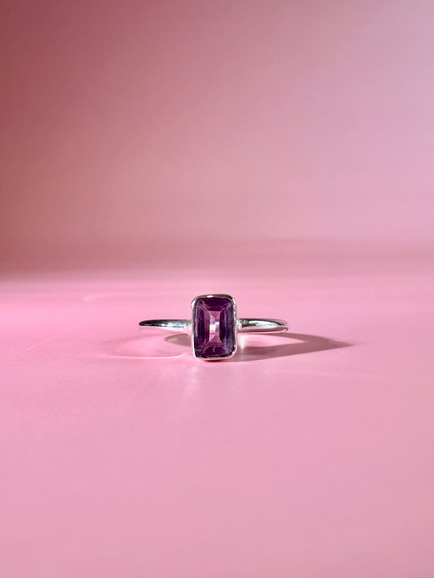 925 Sterling Silver Solitaire Emerald Faceted Amethyst Bezel Ring