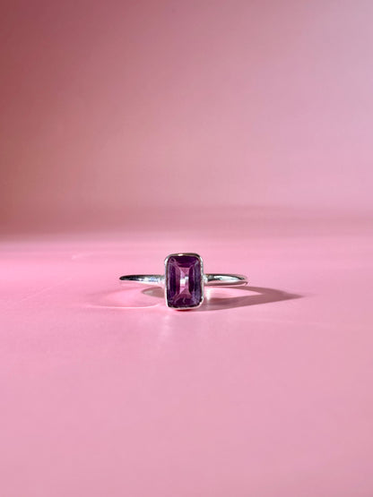 925 Sterling Silver Solitaire Emerald Faceted Amethyst Bezel Ring