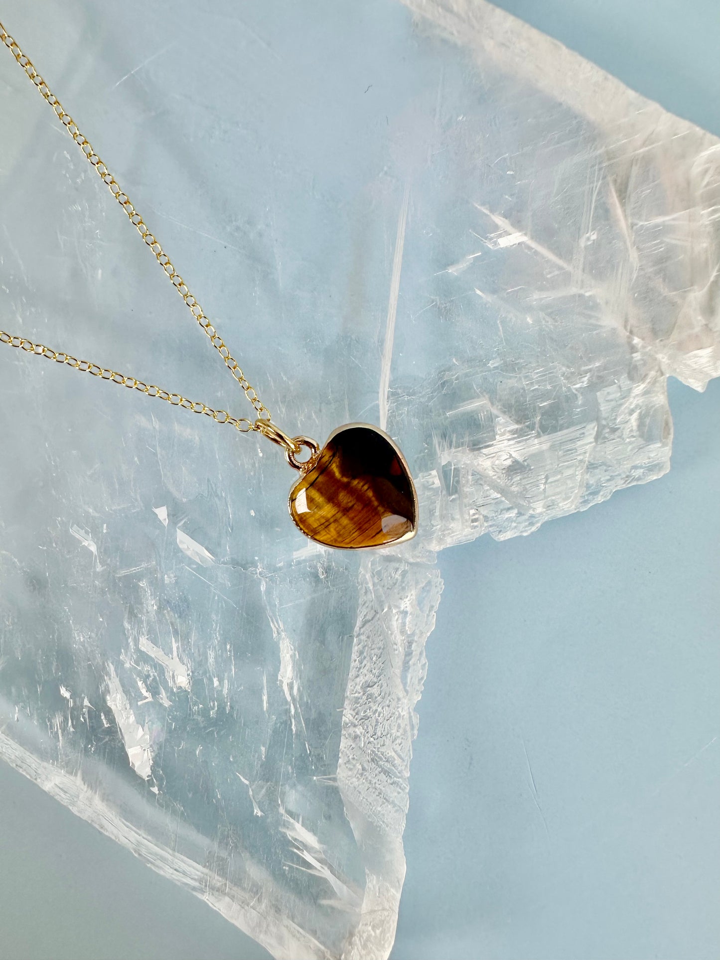 Brass Base with 18K Gold Tone Electroplated Finish Tiger’s Eye Heart Necklace