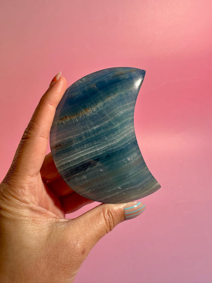 Blue Onyx Crescent Moon on Black Stand – Option B | Serenity, Communication & Harmony