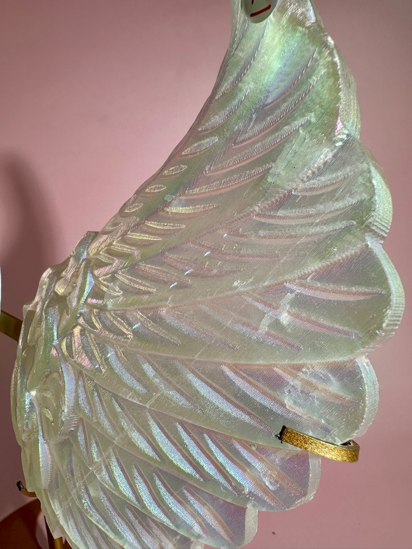 Perfectly Imperfect Large Aura Satin Spar (Selenite) Angel Wing Pair on Gold Stand Misfit | Repaired Misfit Collector Piece