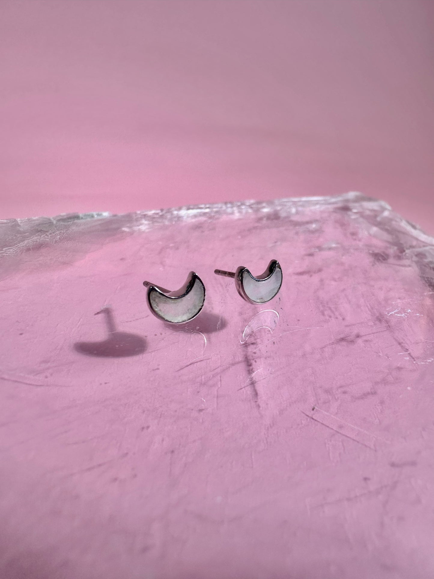 925 Sterling Silver Crescent Moon Rainbow Moonstone Stud Earrings