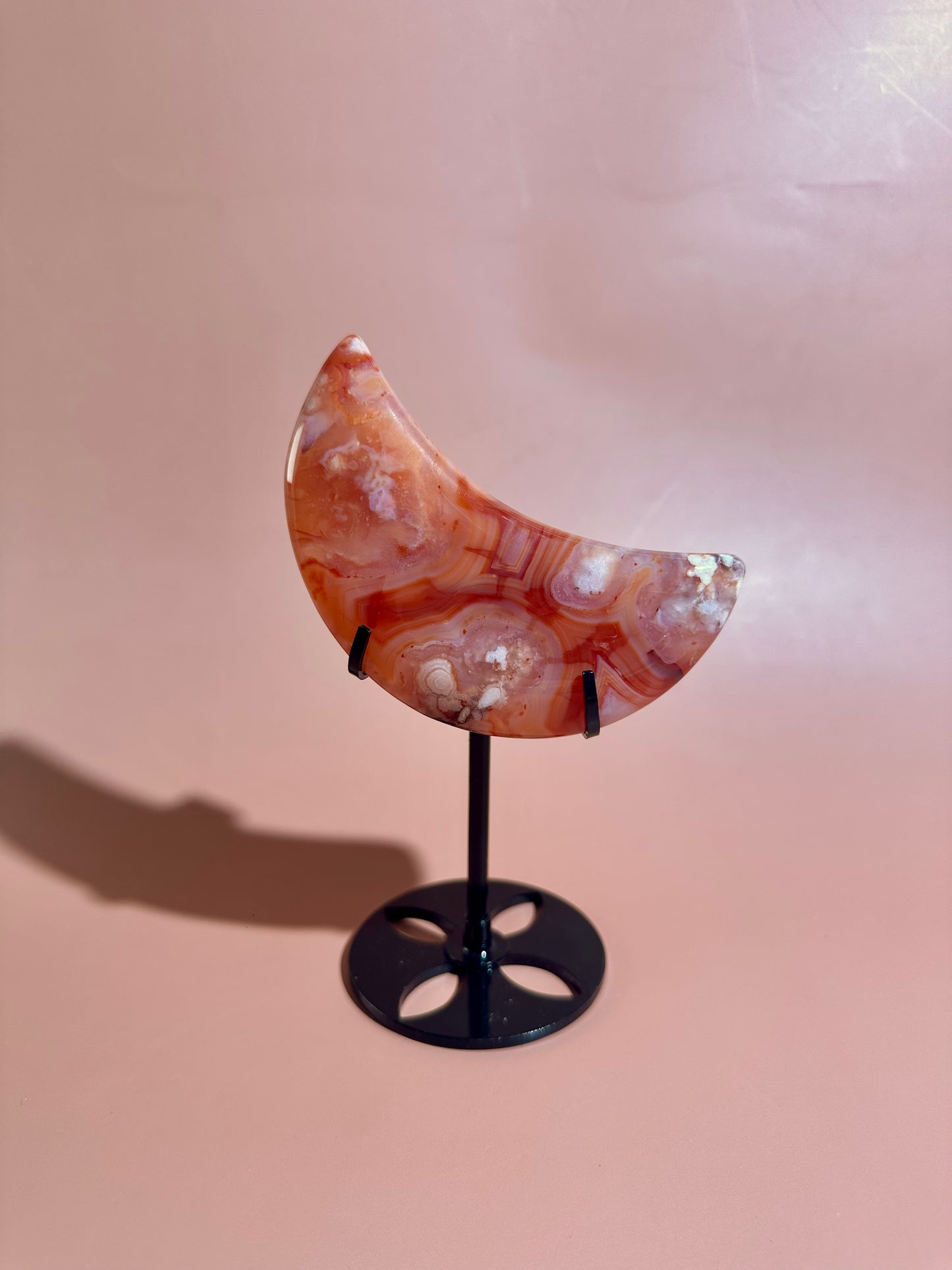 Carnelian Agate Crescent Moon on Black Stand – Option D | Empowerment, Passion & New Beginnings