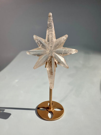 Clear Quartz Polaris Star on Gold Stand – Option B | Master Healer, Light & Collector Crystal