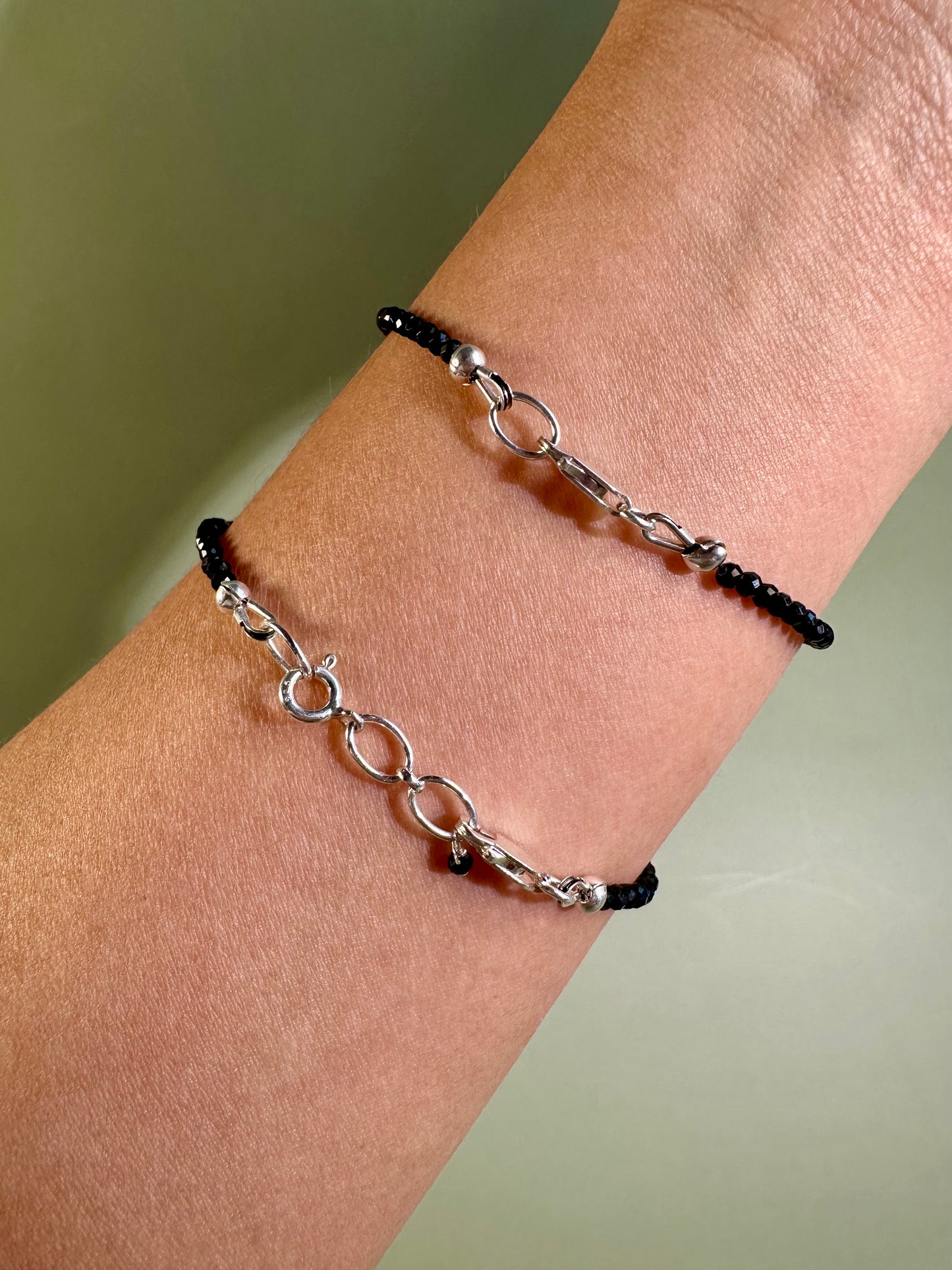 2mm Faceted Black Tourmaline Bracelet with 925 Silver Adjustable Extender