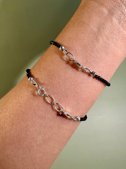 2mm Faceted Black Tourmaline Bracelet with 925 Silver Adjustable Extender