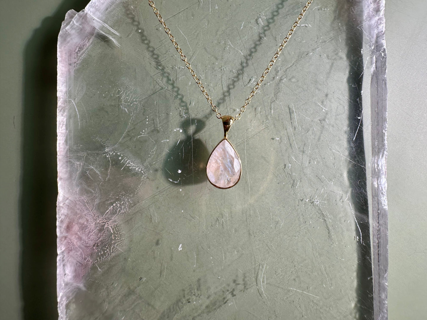 925 Sterling Silver 18K Yellow Gold Vermeil Faceted Rainbow Moonstone Pear Bezel Necklace