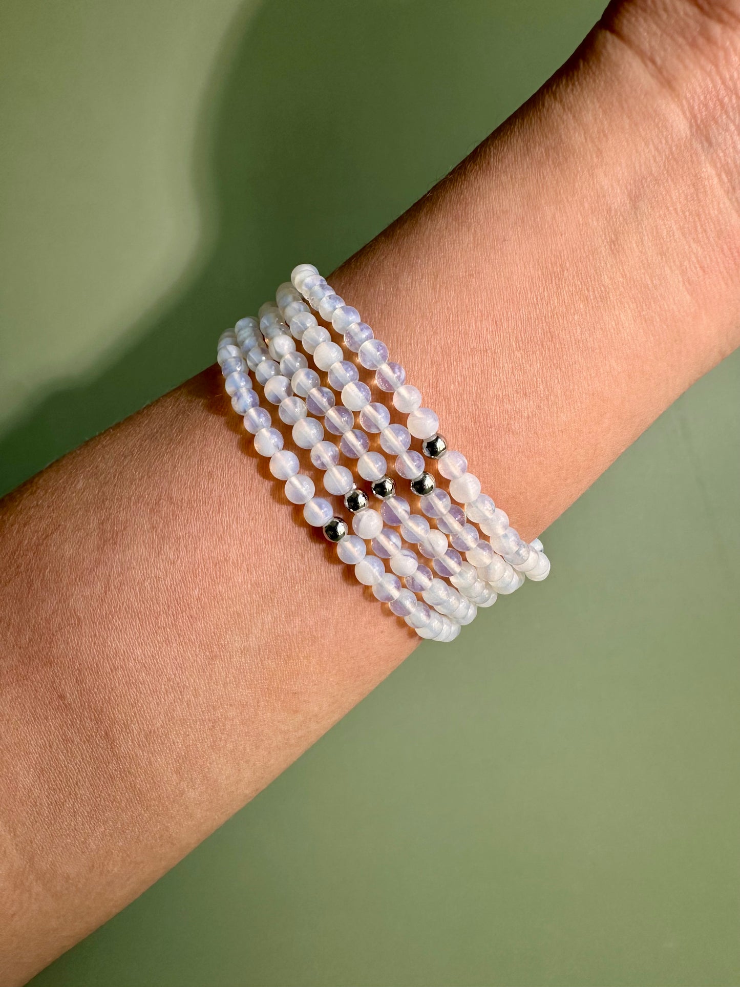 4mm Opalite with Silver Accent Bead Beaded Bracelet