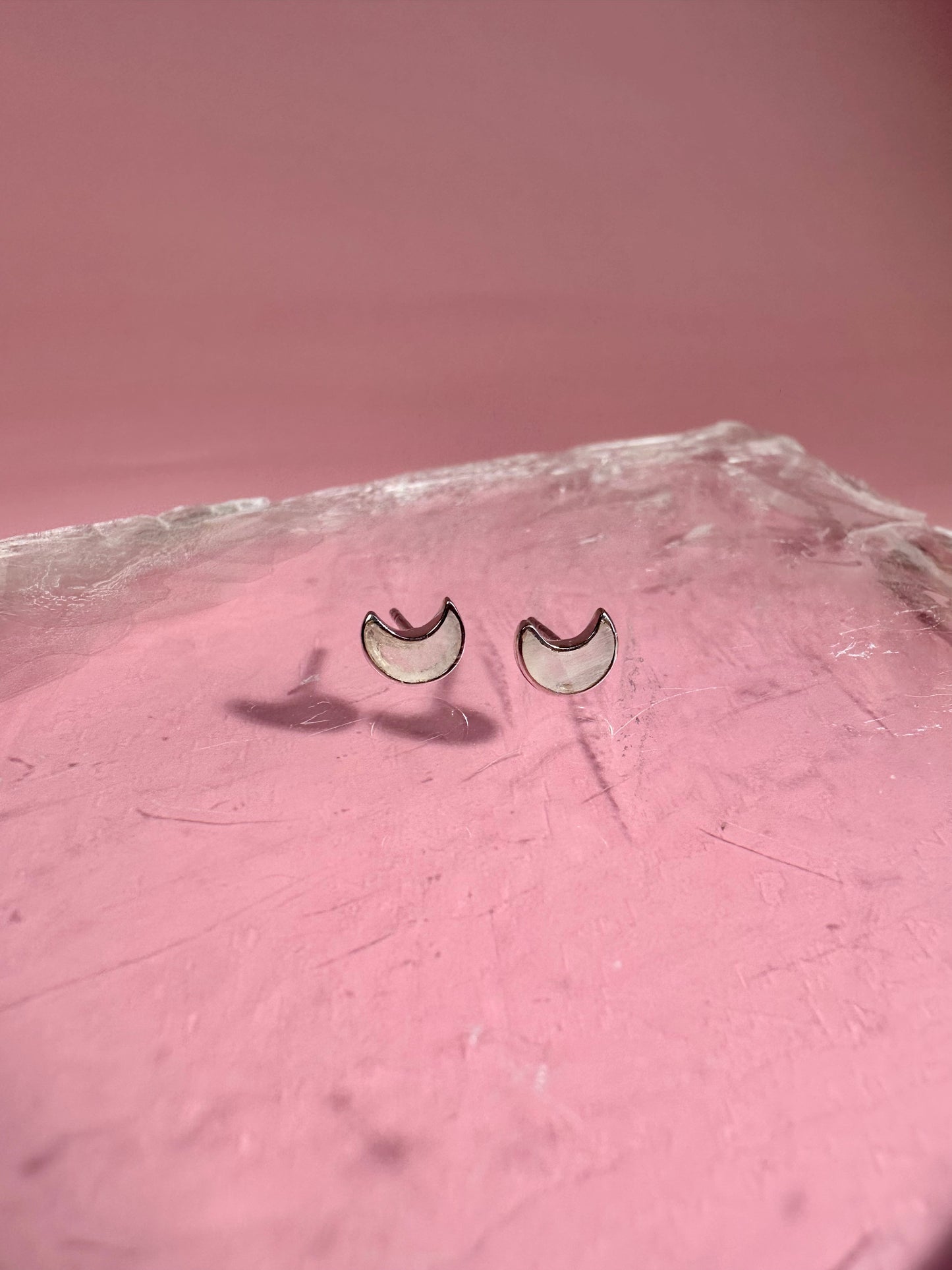 925 Sterling Silver Crescent Moon Rainbow Moonstone Stud Earrings