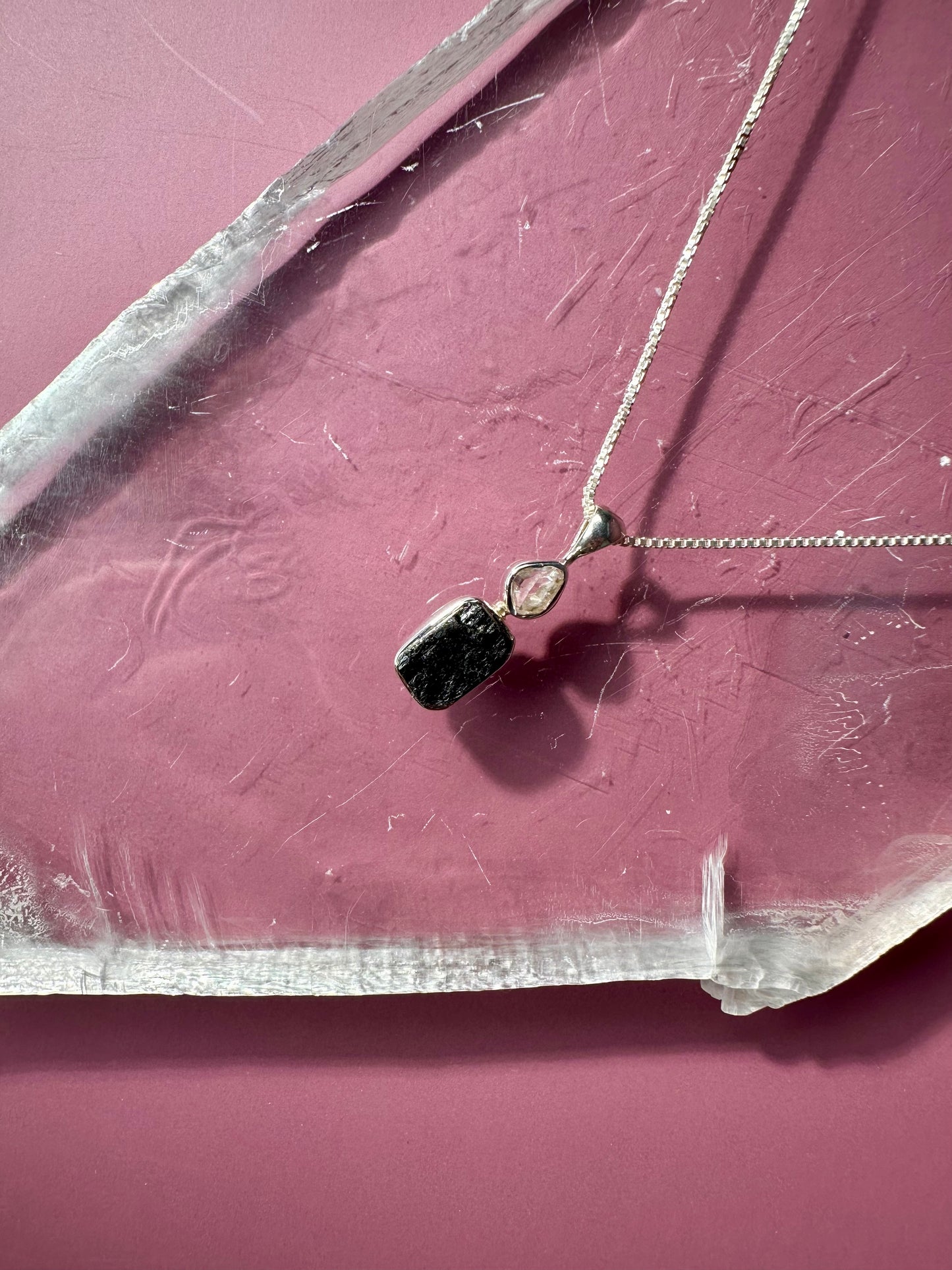 925 Sterling Silver Rough Black Tourmaline & Herkimer Diamond Two-Stone Bezel Necklace