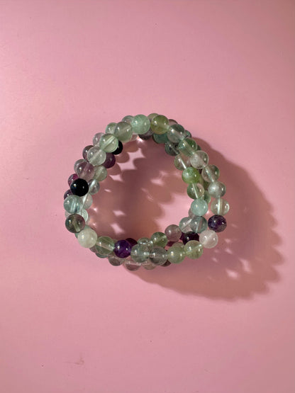 8mm Green & Purple Fluorite Beaded Bracelet