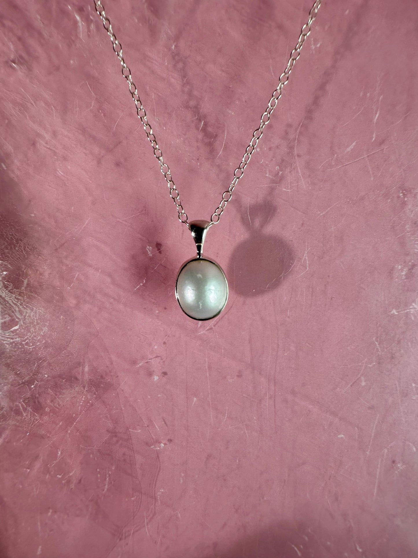 925 Sterling Silver Pearl Oval Bezel Pendant Necklace