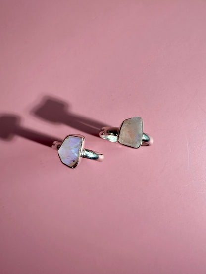 925 Sterling Silver Rough Rainbow Moonstone Bezel Ring