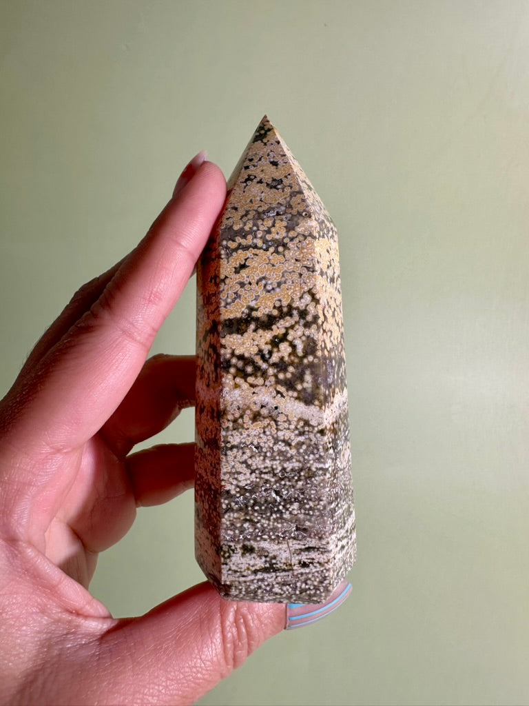 Yellow & Green Ocean Jasper Tower | Joy, Growth & Emotional Balance Crystal