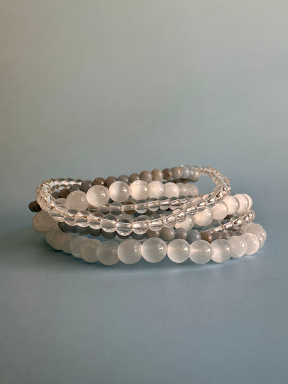 Bracelet Bundle Set: “In Her Light” - Clear Quartz, Satin Spar (Selenite), Angelite