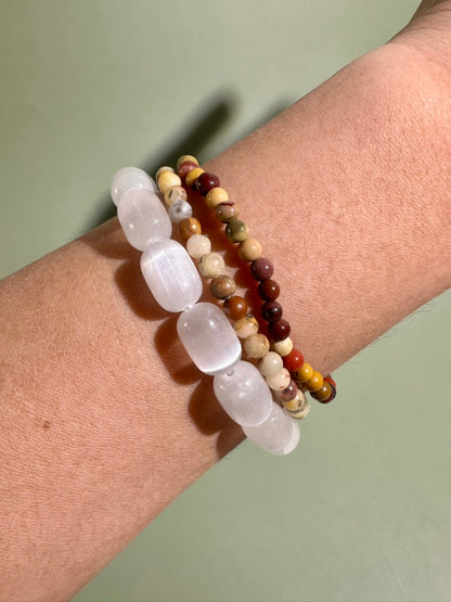 Bracelet Bundle Set: “Golden Prairie" - Satin Spar (Selenite), Yellow Crazy Lace Agate, Mookaite Jasper