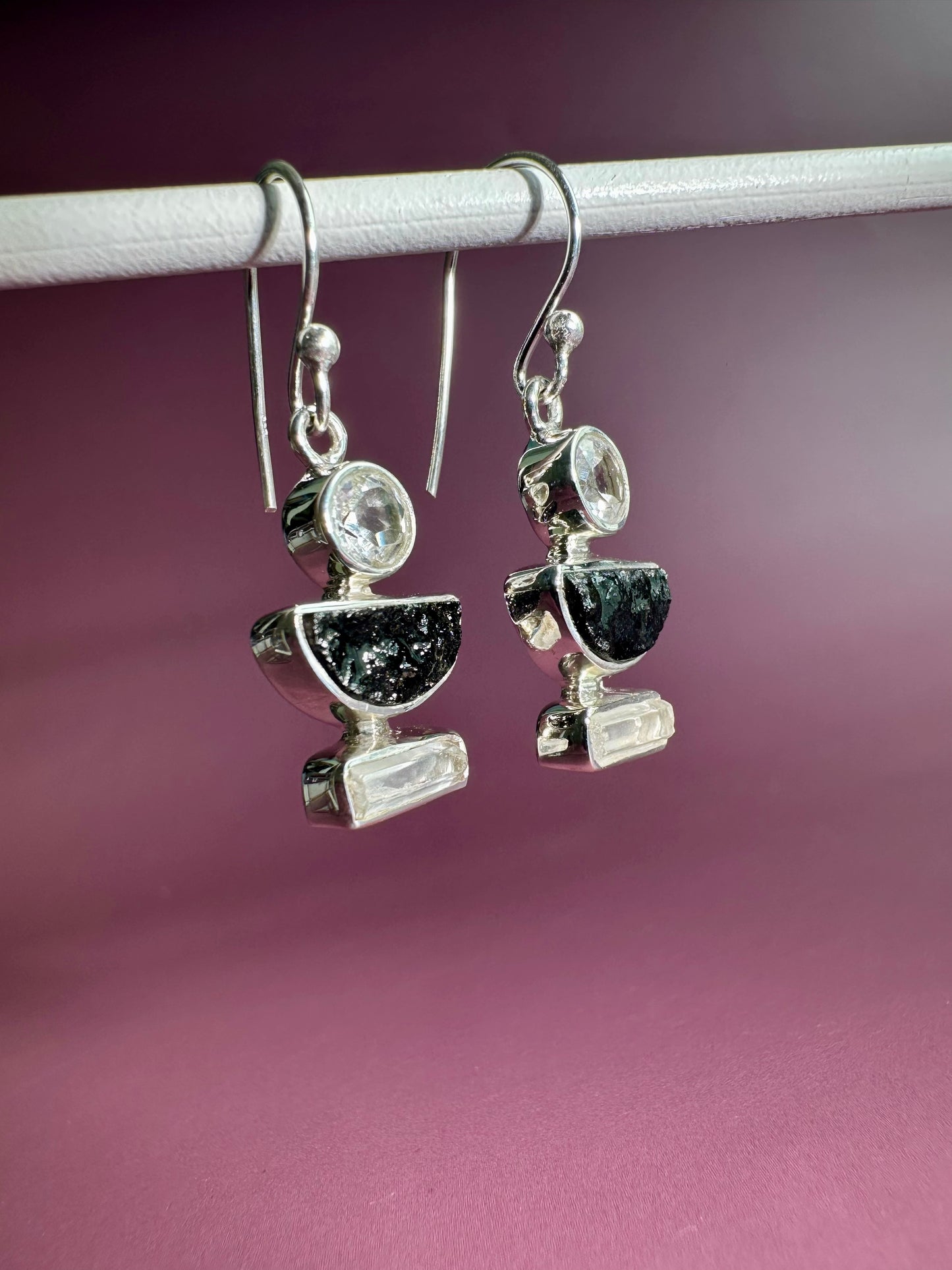 925 Sterling Silver White Topaz and Black Tourmaline Dangle Earrings
