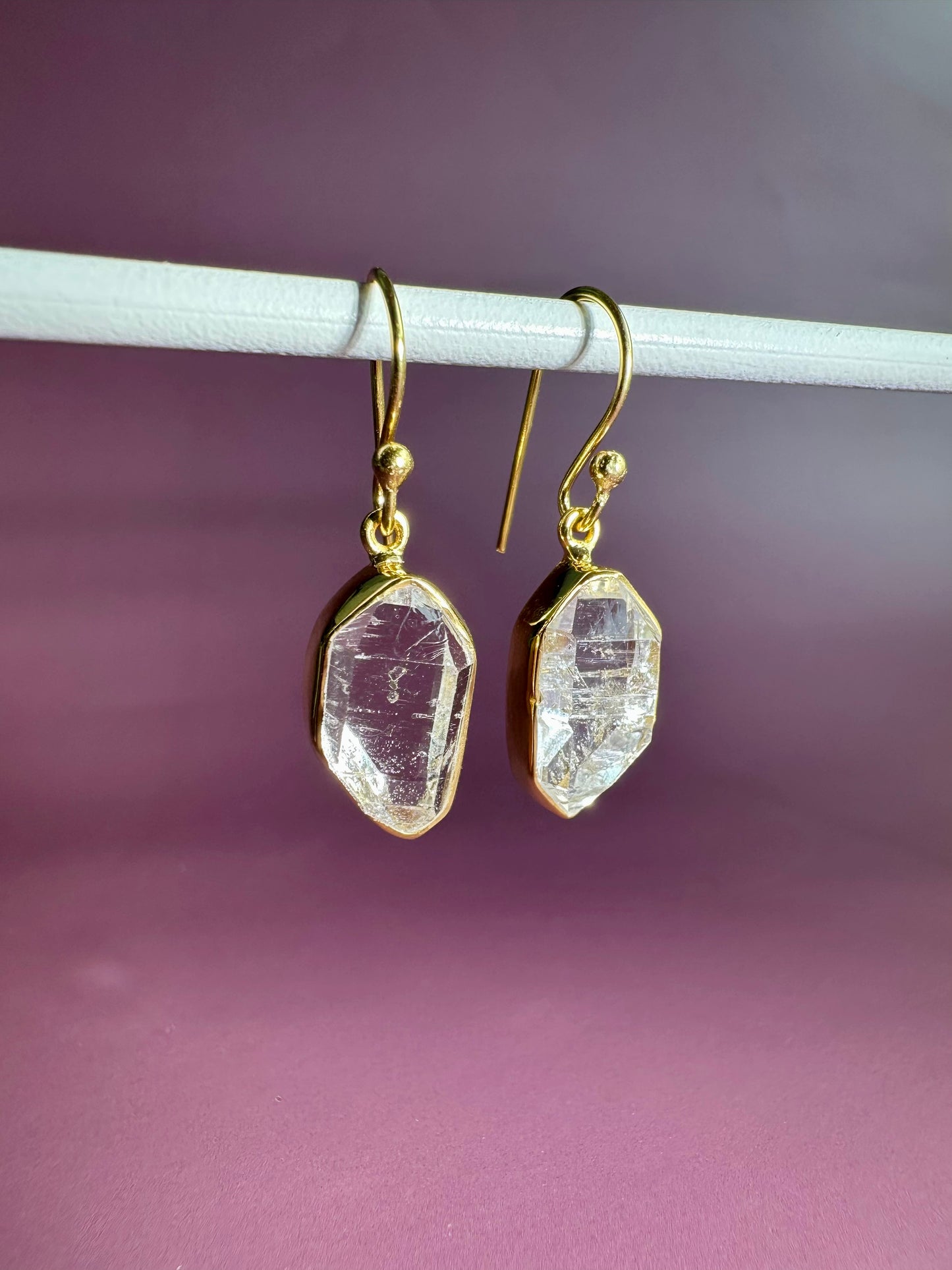 925 Sterling Silver Yellow Gold Vermeil Herkimer Diamond Bezel Dangle Earrings