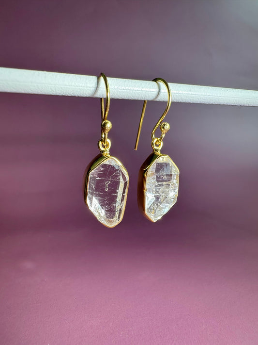 925 Sterling Silver Yellow Gold Vermeil Herkimer Diamond Bezel Dangle Earrings