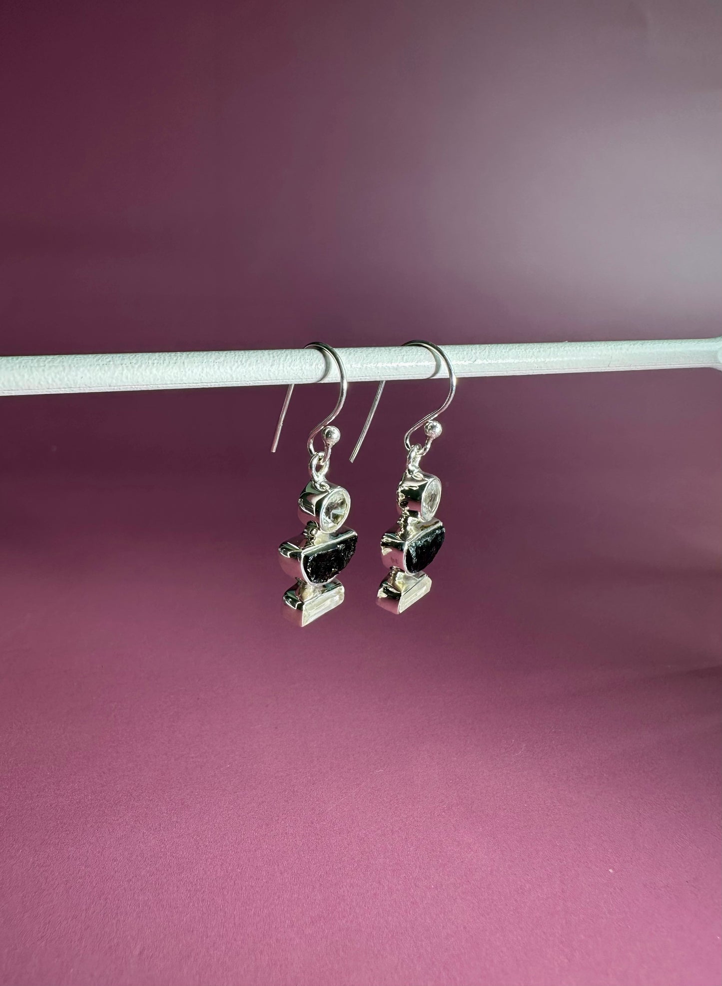 925 Sterling Silver White Topaz and Black Tourmaline Dangle Earrings