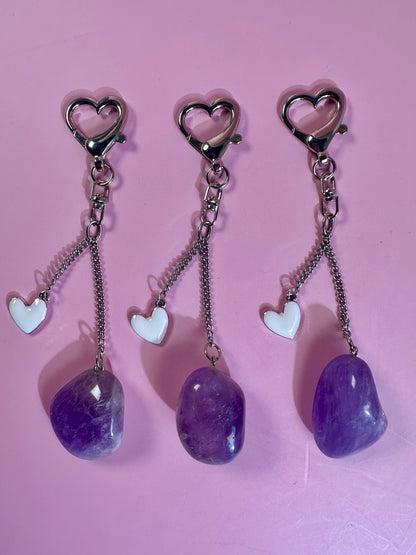 Amethyst Tumble Keychain with Enamel Heart Charm