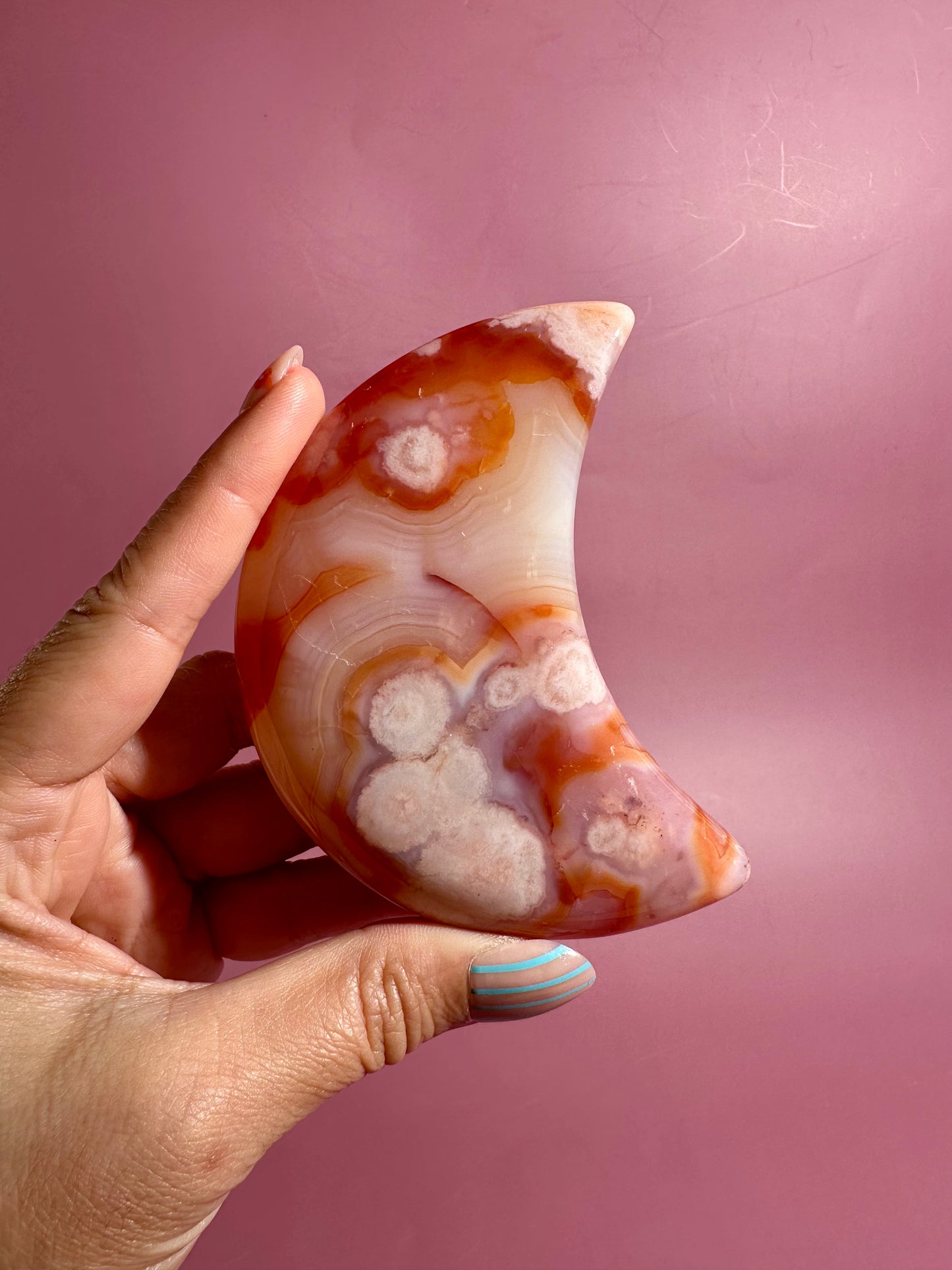 Carnelian Agate Crescent Moon on Black Stand – Option E | Success, Vitality & Abundance Energy