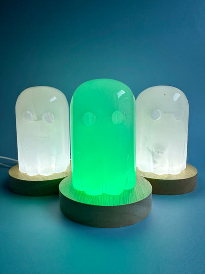 Hand-Carved Onyx Ghost Carving with Wooden Lamp Base – LED Color-Changing Light