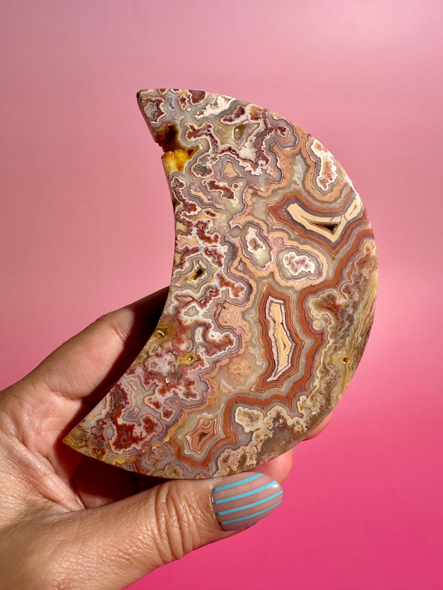 Pink Crazy Lace Agate Crescent Moon Carving – Option A | Joy, Balance & Gentle Energy